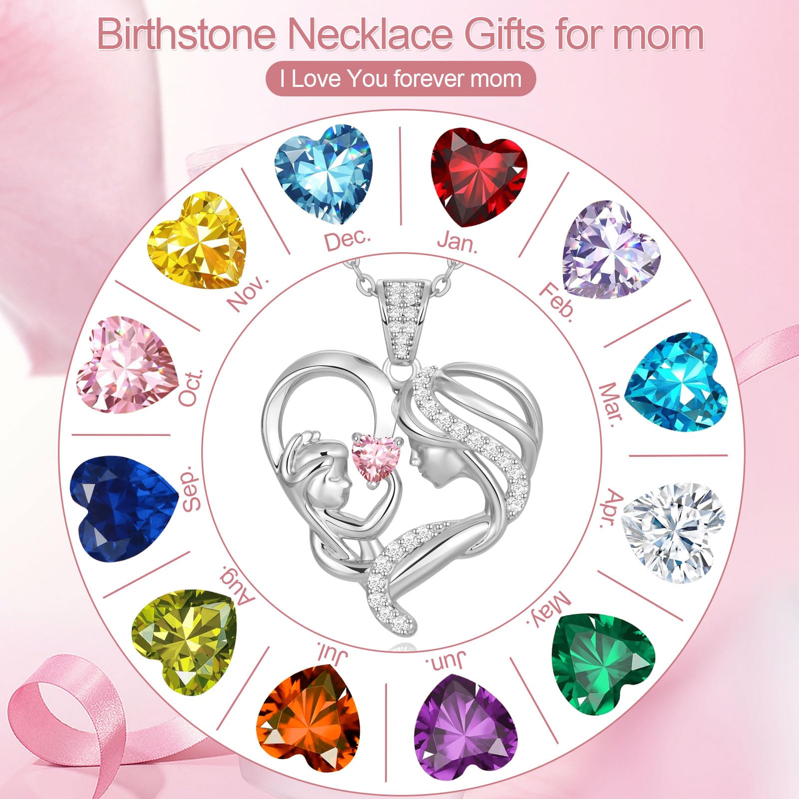 Mothers Day Gifts for Mom Wife Her Grandma, S925 Sterling Silver Birthstone Necklaces Jewelry for Women, Mother's Day Love Heart Pendant Necklace for Anniversary Birthday Christmas Day