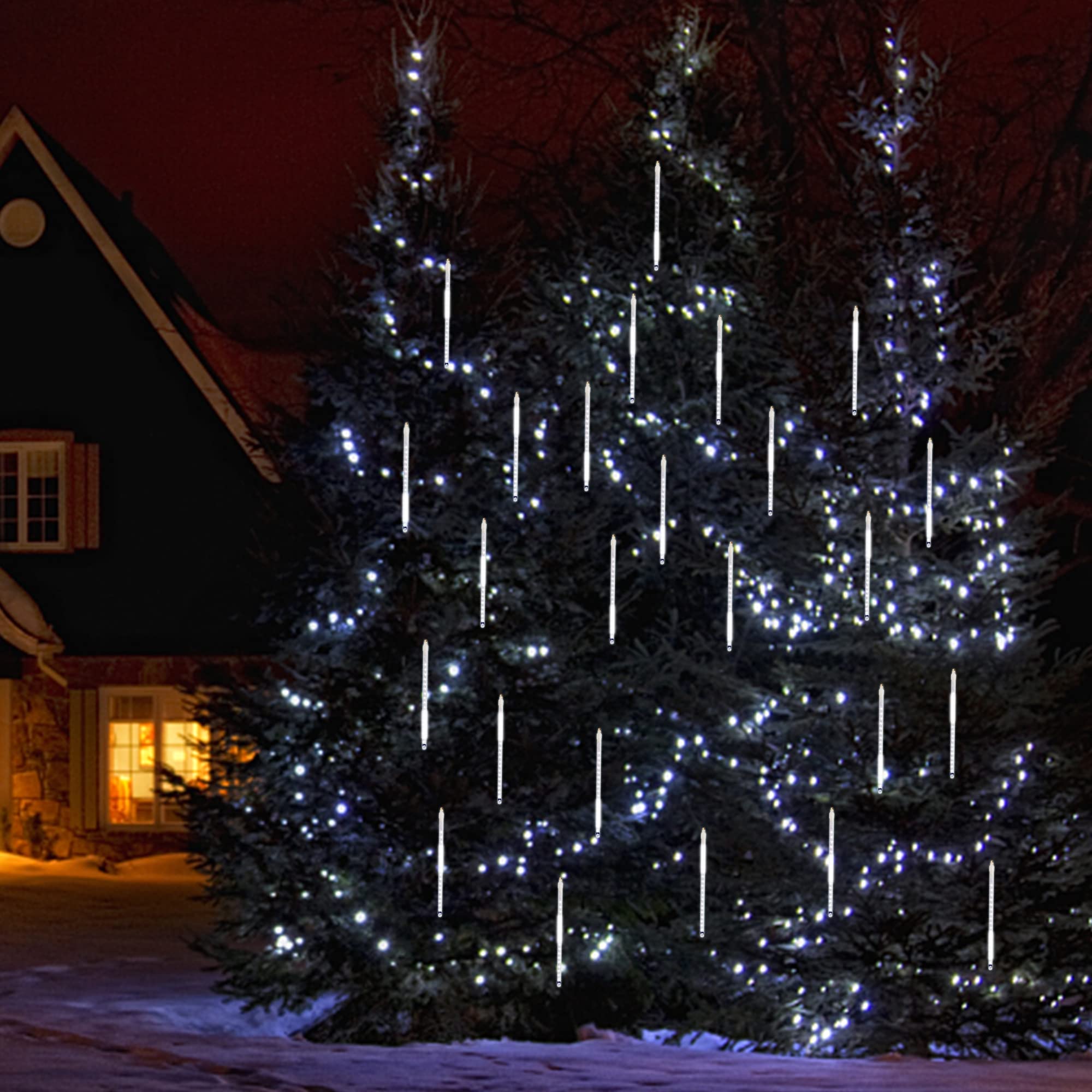 Meteor Outdoor Icicle Lights - 12 Inch, 288 LED, Snow Falling, Connectable, Red & Green, Xmas Wedding Party Tree Decor