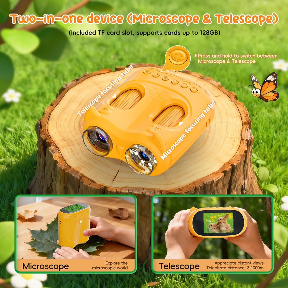 2-in-1 Kids Microscope Telescope, Temodu 2.0" 1000X Digital Microscope for Kids, HD Portable Education Telescope for Kids Birthday Festival Gift, Science Fun Toys for Children Age 4-12 (Yellow)