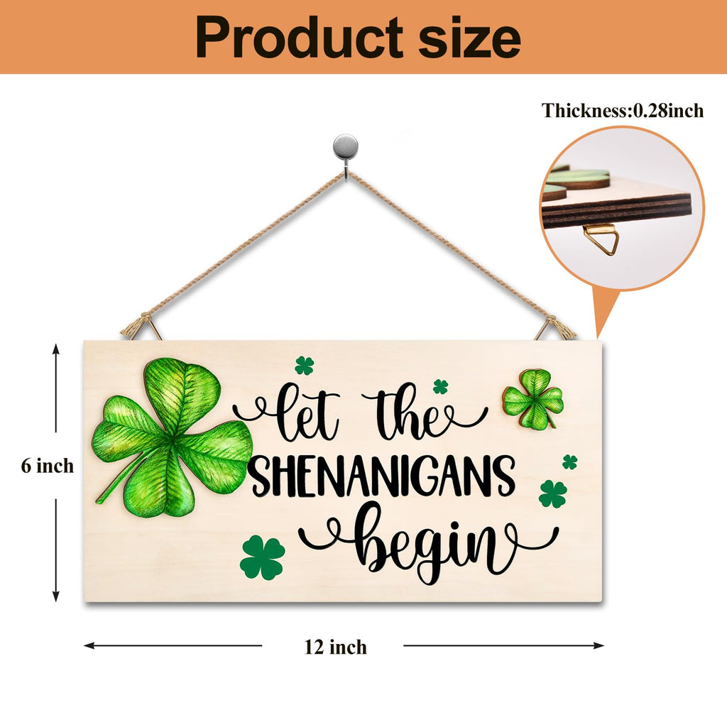 St Patricks Day Decorations Wood Sign with Two 3D Leaves Let the Shenanigans Begin Hanging Wooden Decor Lucky Shamrock Signs for Outdoor Home Door Rustic Farmhouse Party Indoor Wall Art Plaque Gift