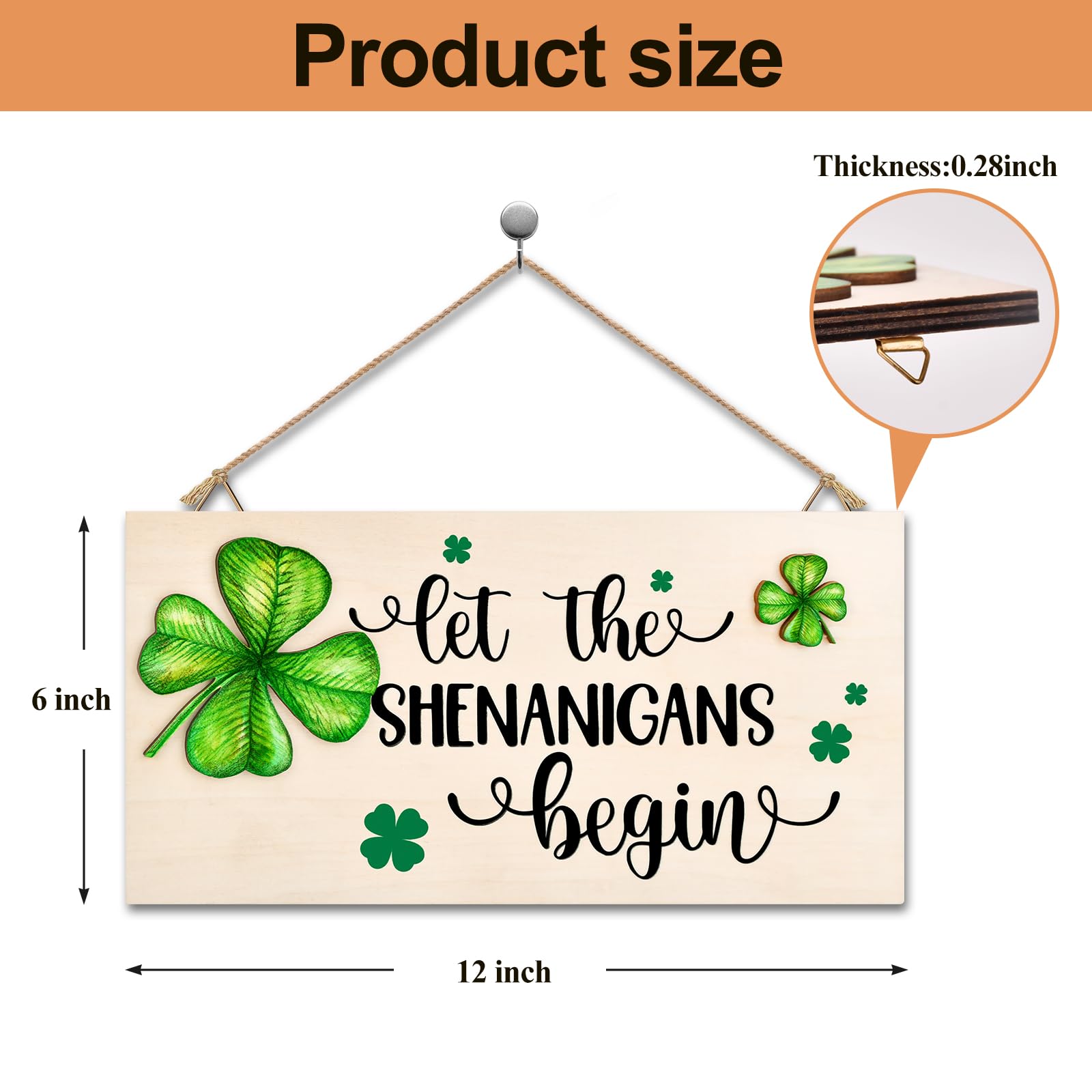 St Patricks Day Decorations Wood Sign with Two 3D Leaves Let the Shenanigans Begin Hanging Wooden Decor Lucky Shamrock Signs for Outdoor Home Door Rustic Farmhouse Party Indoor Wall Art Plaque Gift