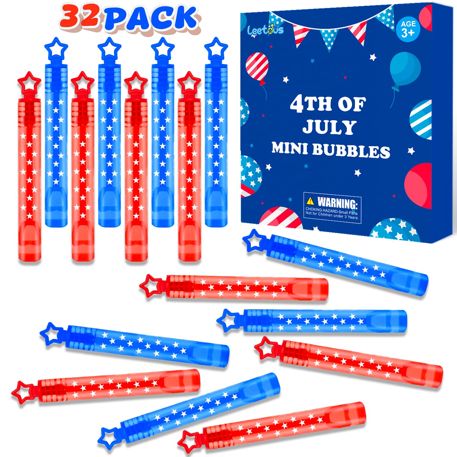 Fourth of July Party Favors Supplies for Kids,32 Pack 4th of July Mini Bubbles Goodie Treat Bags Stuffers for Toddler Boys Girls,250th Anniversary Patriotic Toys Gifts Prize Accessories Birthday Decor