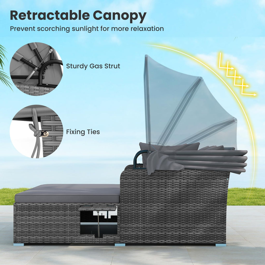 Tangkula Patio Rattan Daybed with Retractable Canopy, Outdoor Wicker Sunbed Lounger with 2 Foldable Side Tables, Thick Seat & Back Cushions, Outside Double Daybed for Garden, Backyard, Porch