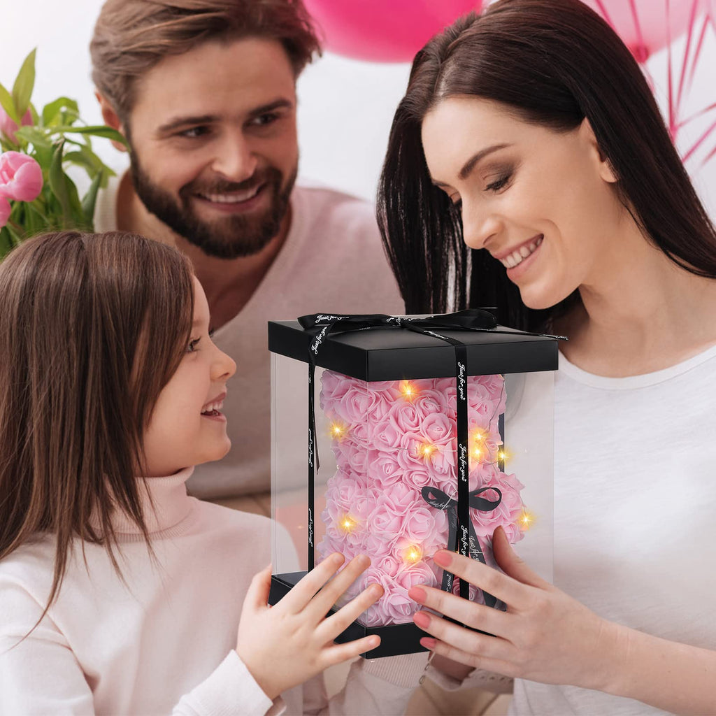 Rose Bear Mother's Day Flower Gifts for Mom Grandma, Rose Teddy Bear with Lights, Cute Teddy Flower Bear, Cute Romantic Present for Wife Girlfriend with Transparent Gift Box and Love Card