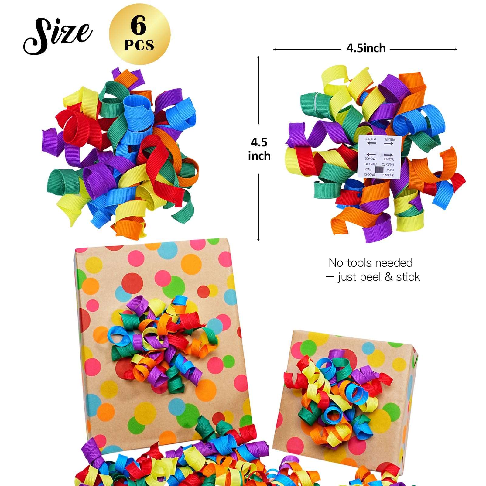 LaRibbon Rainbow Bows - Curly Ribbon Gift Bows, Self Adhesive for Birthday Party, Holiday Party Favors, Gift Wrapping - 6 Counts