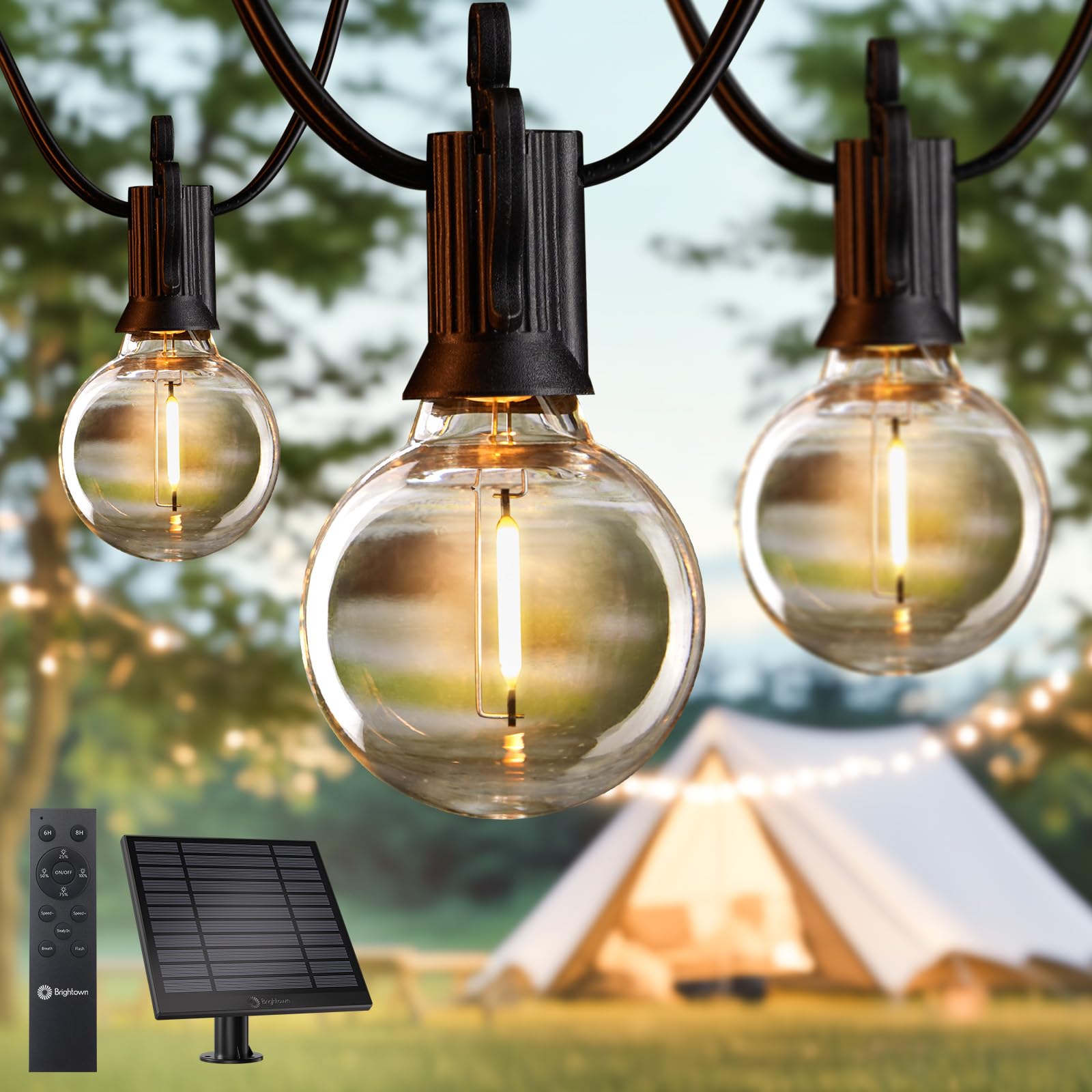 Brightown 58FT Solar String Lights Outdoor with Remote Cable Ties Hooks, 26 LED Shatterproof Bulbs, 3 Light Modes, Dimmer & Timer, Commercial Grade Patio Lights for Yard Balcony Pergola Party Decor
