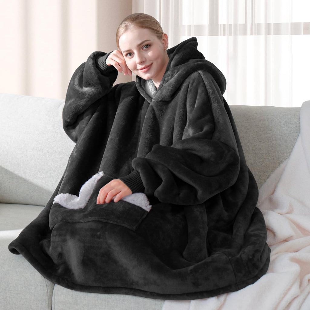 Touchat Wearable Blanket Hoodie, Oversized Sherpa Fleece Sweatshirt Blanket with Giant Hood Pocket and Sleeves for Adult, Warm & Cozy Grey Blanket Gifts for Women
