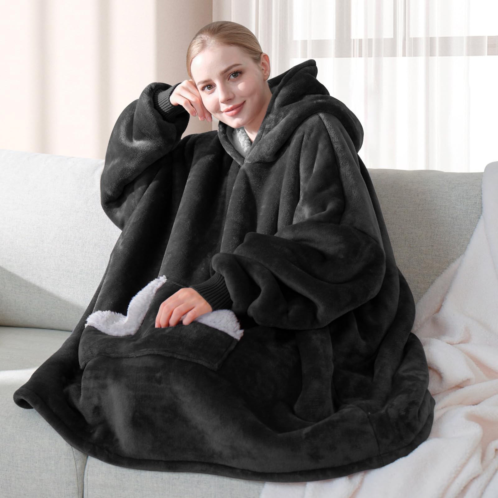 Touchat Wearable Blanket Hoodie, Oversized Sherpa Fleece Sweatshirt Blanket with Giant Hood Pocket and Sleeves for Adult, Warm & Cozy Grey Blanket Gifts for Women