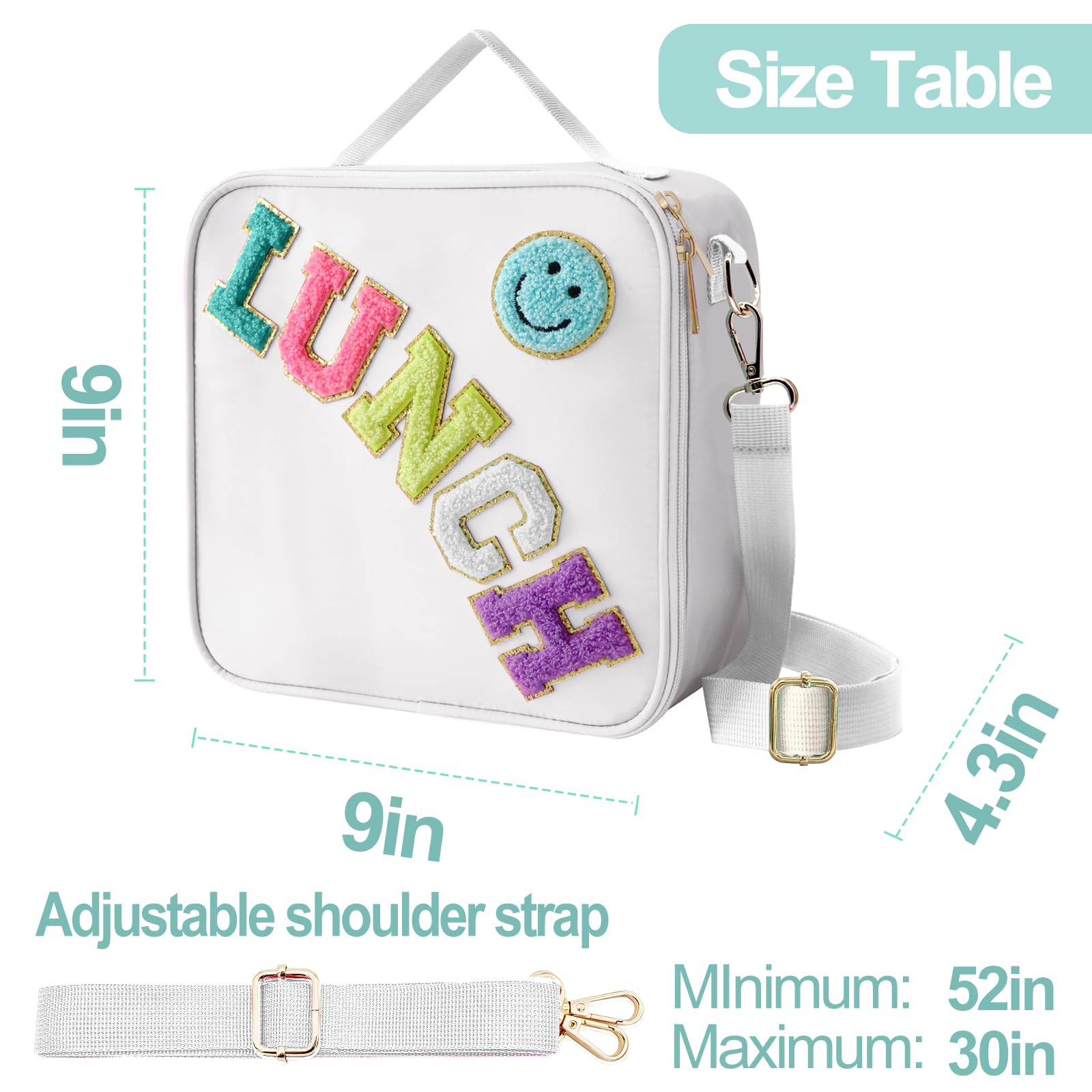 Insulated Lunch Bag With Adjustable Shoulder Strap, Nylon Preppy Lunch Box Large Insulated Lunch Bag Reusable Lunch Tote Bag with Smiley Preppy LunchBag for Girls School Travel Picnic (Purple)