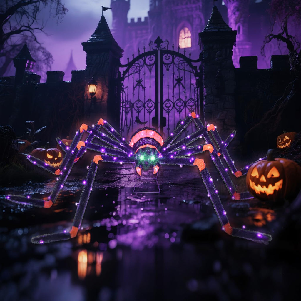 Halloween Decorations Outside Giant Spider - HOYECHI Outdoor Halloween Decor Lighted Spider 4.2FT, Light Up Spider with 90 LED Lights, Ground Stakes, for Front Yard Porch Gardens Lawns Party