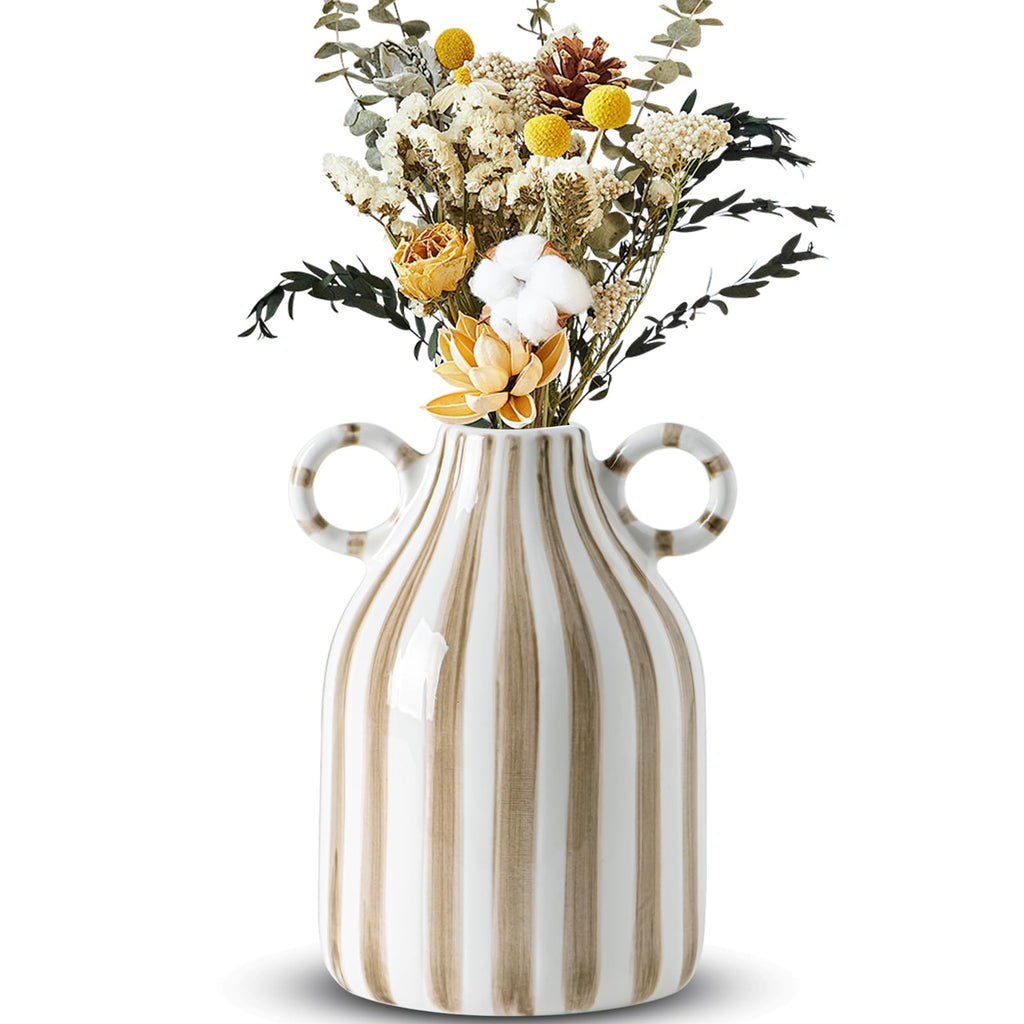 LCCCK Red and White Ceramic Vase, Mid Century Modern Striped Small Vases for Flower&Pampas Grass Centerpiece, Red White Checkered Vase for Dining Table Kitchen Tabletop Minimalist Decorative