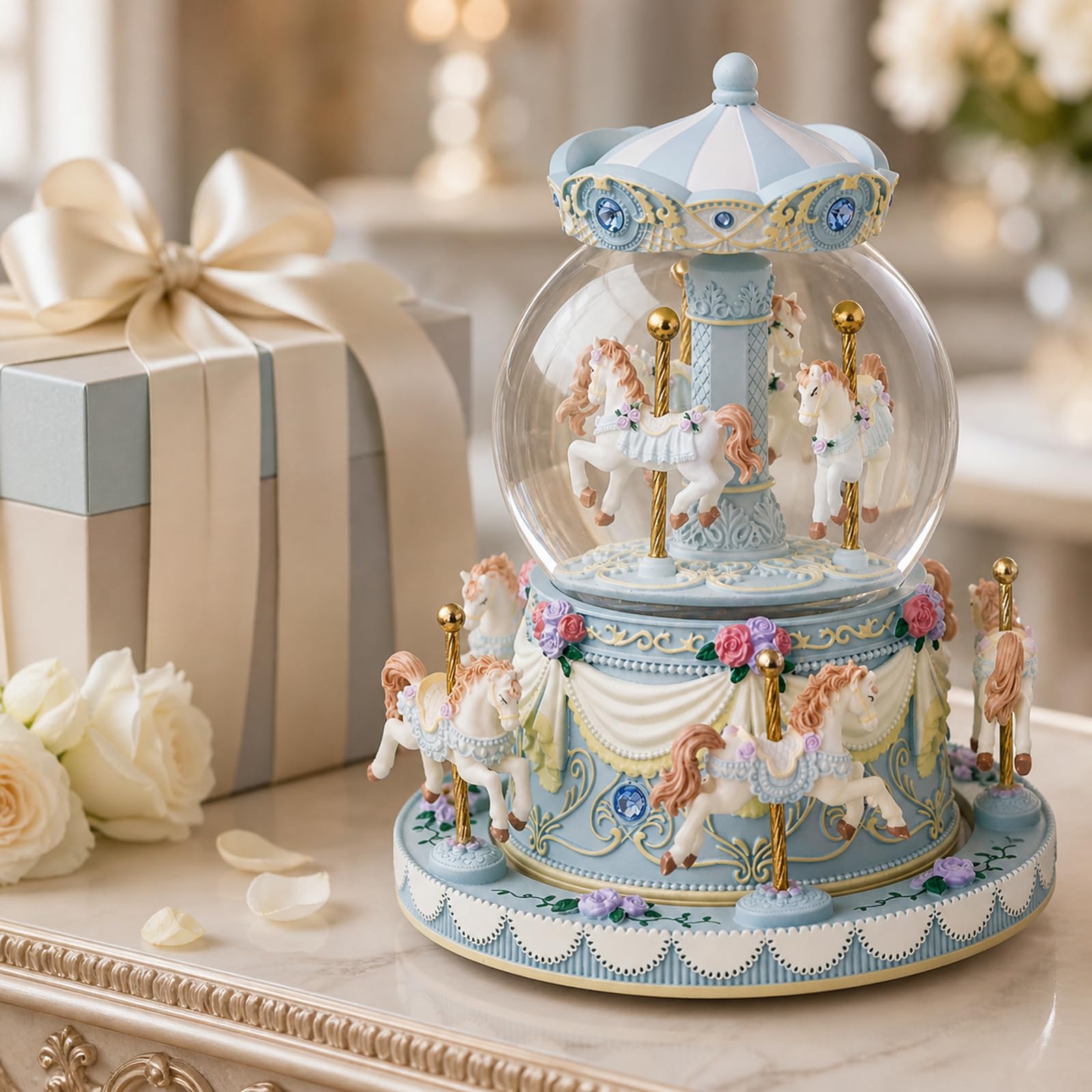 Blue Carousel Snow Globe Music Box with LED Lights, Rotating Horse Merry Go Round, Wind Up Musical Snow Globe Plays You are My Sunshine, Gift for Daughter Granddaughter Mom Women