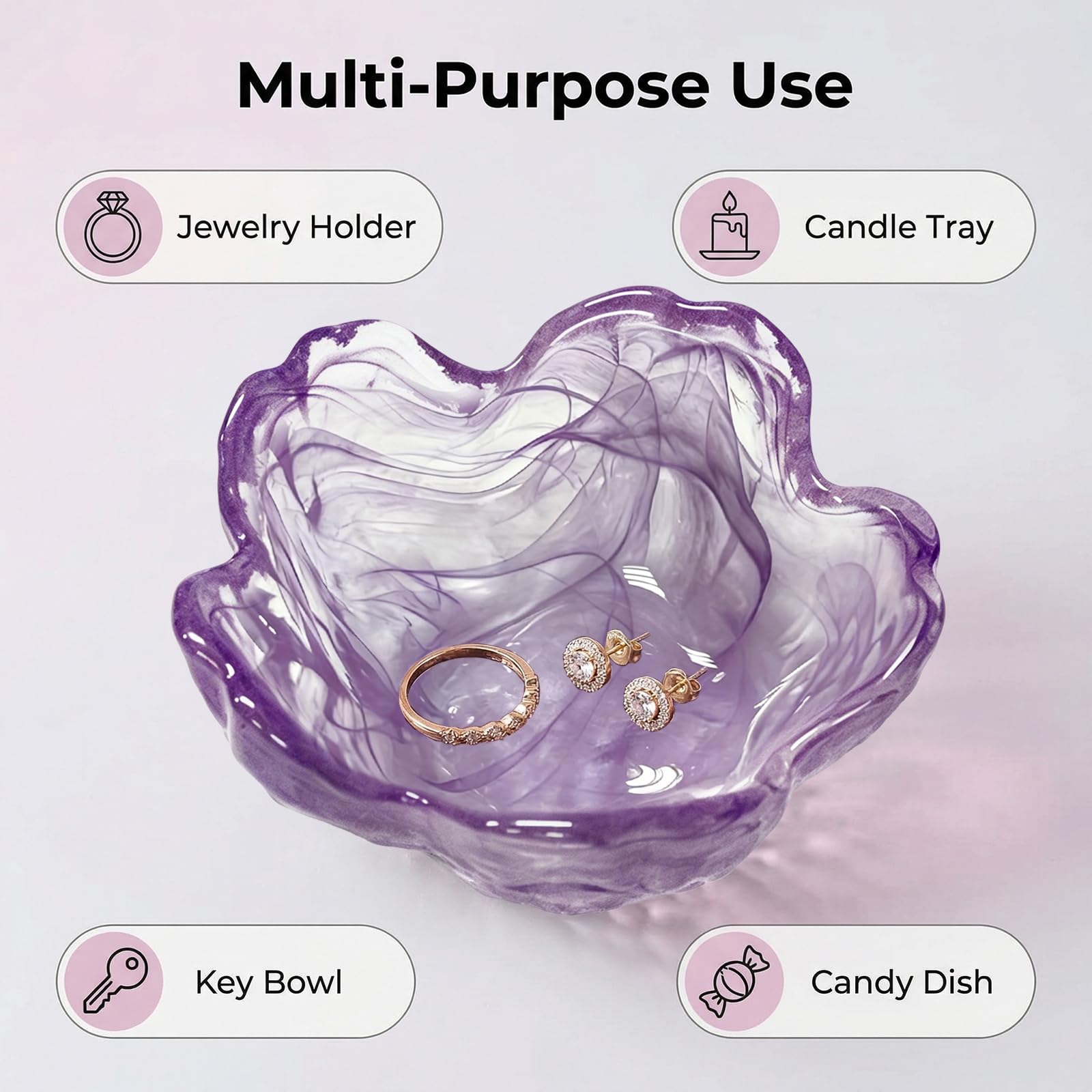 Purple Flower Jewelry Dish Glass Ring Holder Dish Jewelry Tray Cute Vanity Organizer Aesthetic Nightstand Bathroom Room Decor Trinket Dish Mothers Day Friendship Christmas Birthday Gifts for Women