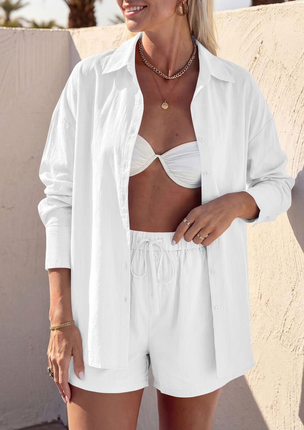 PRETTYGARDEN Women's Summer 2 Piece Matching Lounge Sets Pajamas Long Sleeve Shirts Blouse Pockets Shorts 2026 Spring Outfits
