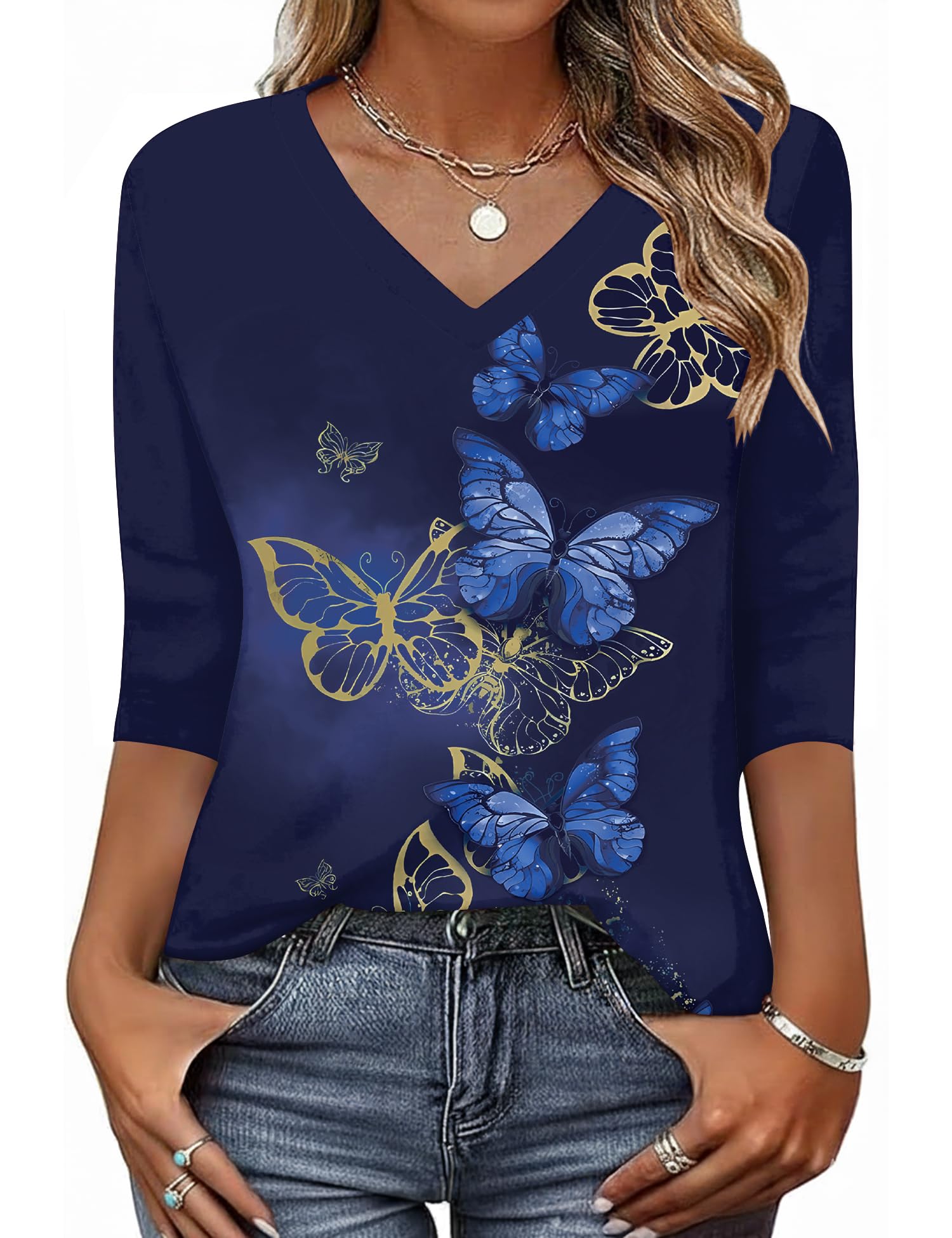 KTILG Women's V Neck T Shirts 3/4 Sleeve Blouse Summer Tops Dressy Casual Solid Basic Tees