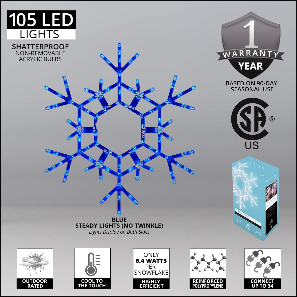 Kringle Traditions Christmas Snowflake Lights Outdoor, 105 LED 36" Folding Warm White Snowflake Hanging Light, Weather-Resistant Christmas Decoration for Yard, Window, Porch, or Eave