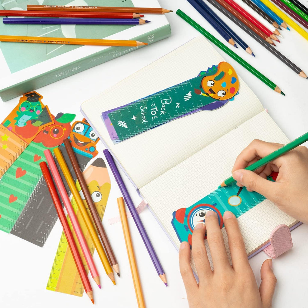 Haooryx Back to School Bookmark Rulers - 50Pcs 10 Styles Campus Theme Measuring Ruler Bookmark Double-side Printing Plastic Book Markers for Kids Birthday Gift Classroom Student Reward Gift Bag Filler