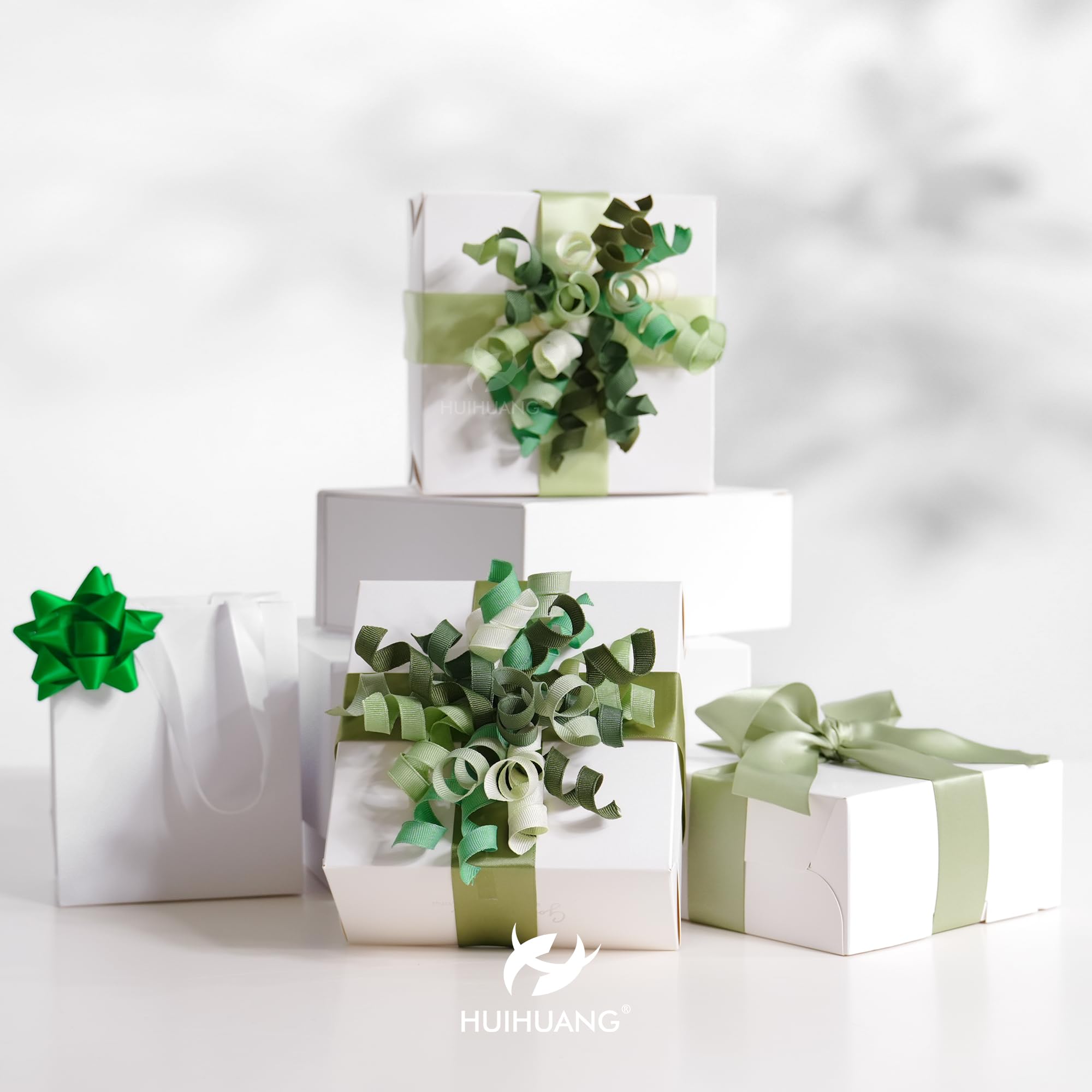 HUIHUANG Green Curly Gift Bows Self Adhesive Sage Green Burst Gift Bow for Gift Wrapping, Birthday, Wedding Baby Shower Party Favors, Wine Bottle, Treat Bags- 6 Counts