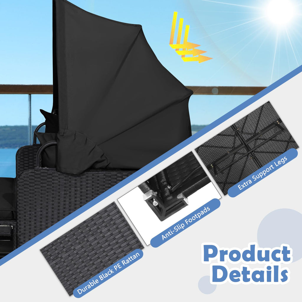 Tangkula Patio Rattan Daybed with Retractable Canopy, Outdoor Wicker Sunbed Lounger with 2 Foldable Side Tables, Thick Seat & Back Cushions, Outside Double Daybed for Garden, Backyard, Porch
