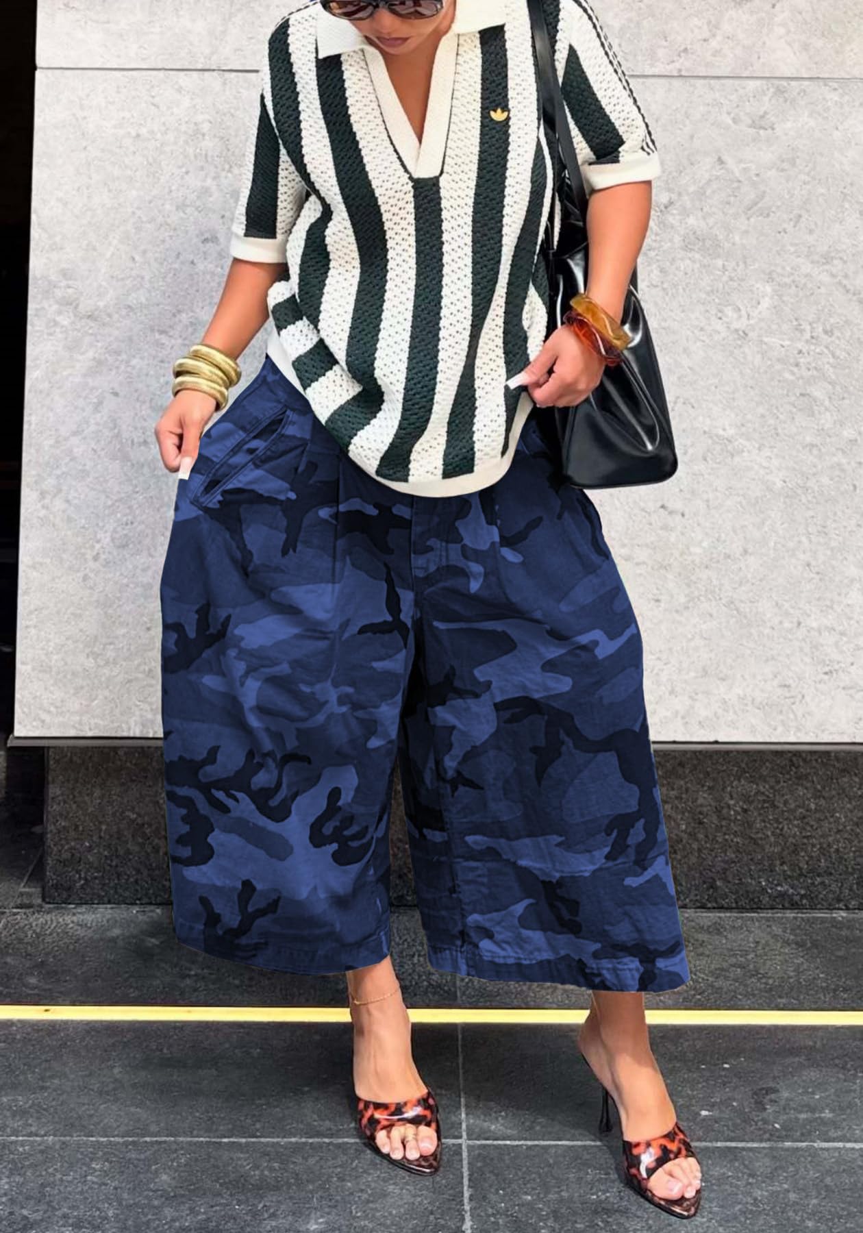 Unybwonn Women Baggy Cargo Jeans Camo Army Fatigue Wide Leg Harem Cropped Denim Pants Plus Size Camouflage Jean Trousers