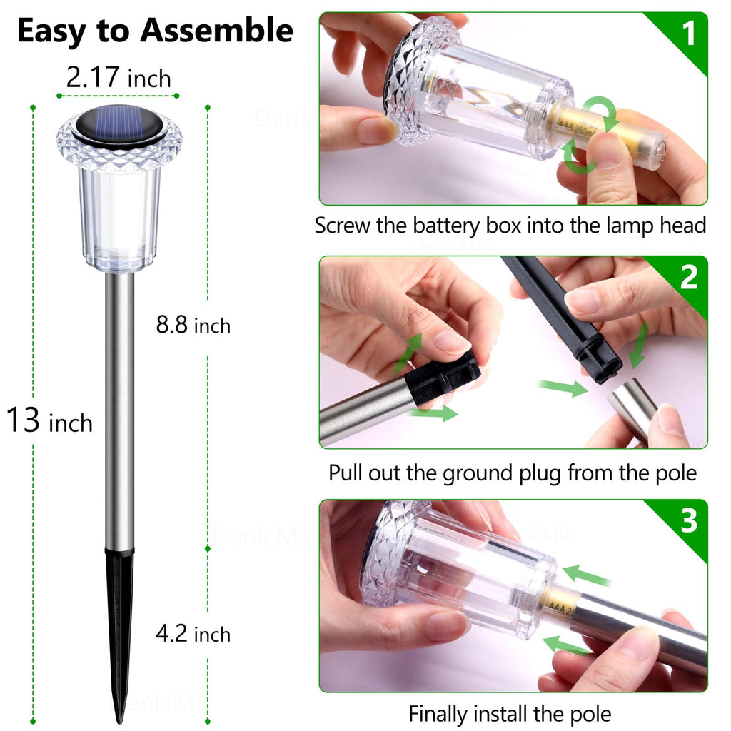 DenicMic Solar Lights Outdoor 10 Pack Waterproof 6000K Cold White LED Stainless Steel Stake Outside Lights for Yard Pathway Garden Driveway Walkway Landscape Path Lighting
