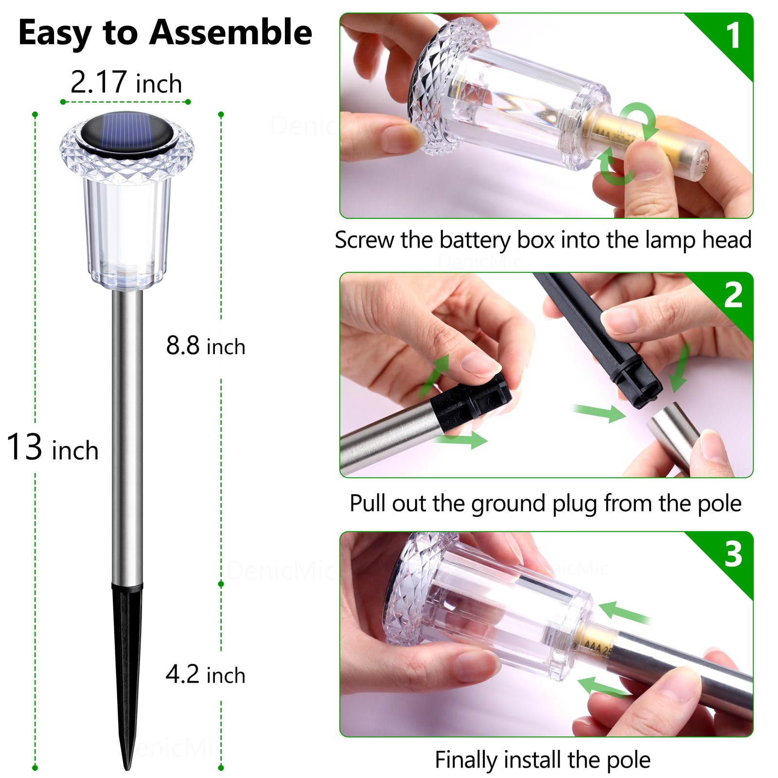 DenicMic Solar Lights Outdoor 10 Pack Waterproof 6000K Cold White LED Stainless Steel Stake Outside Lights for Yard Pathway Garden Driveway Walkway Landscape Path Lighting