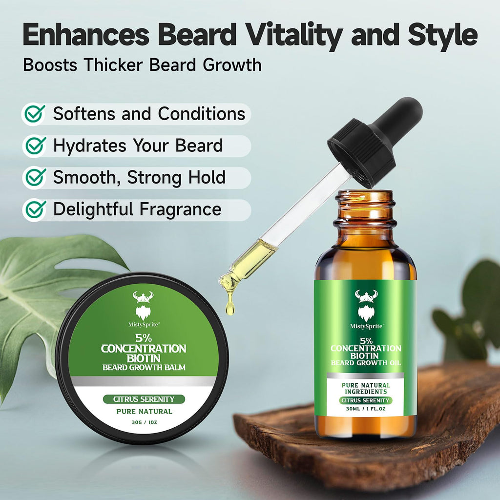 MistySprite Beard Growth Kit for Men, 2X Concentration Biotin Beard Oil & Styling Balm, Natural Facial Hair Conditioner with Argan, Jojoba & Vitamin E, Sandalwood Scent Softener