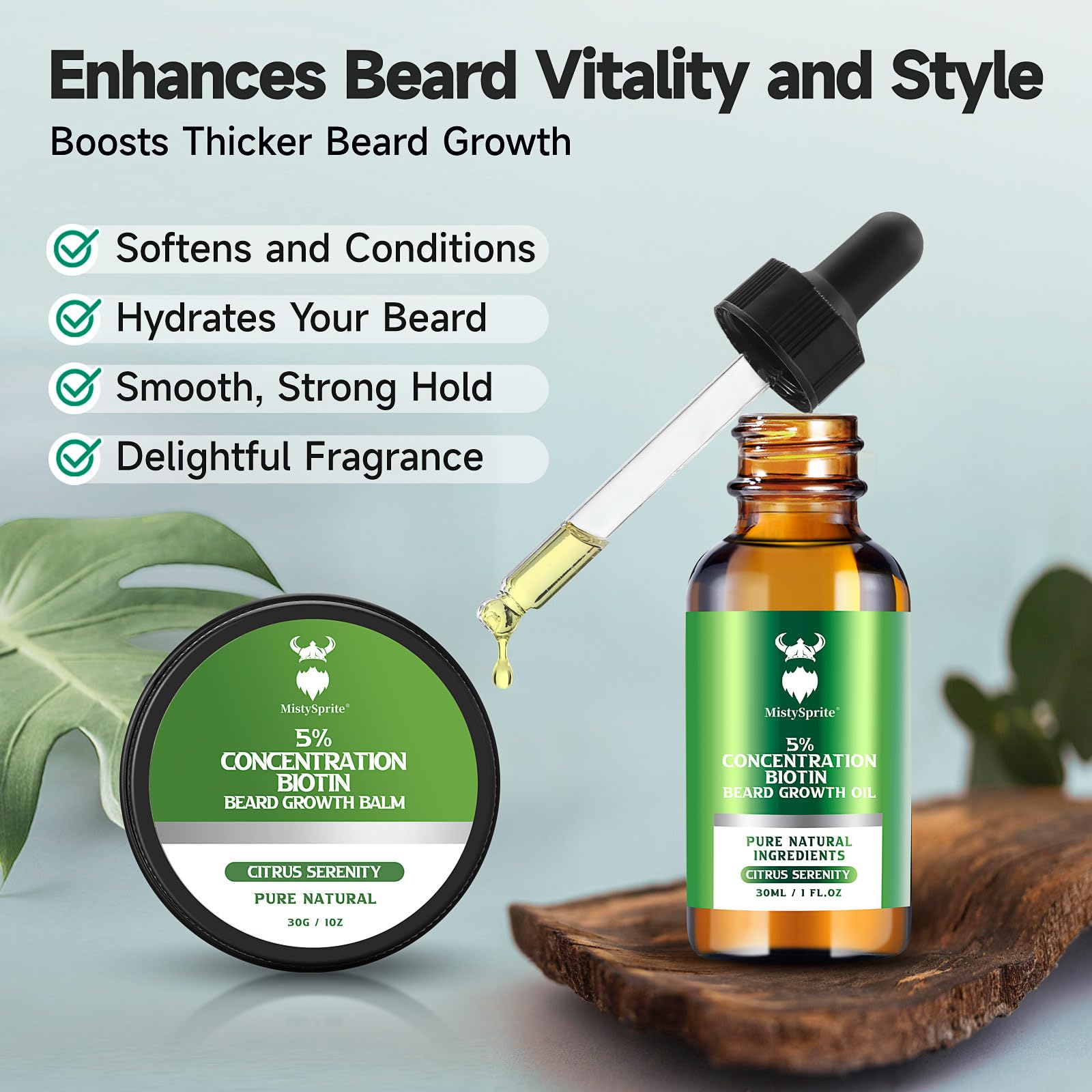 MistySprite Beard Growth Kit for Men, 2X Concentration Biotin Beard Oil & Styling Balm, Natural Facial Hair Conditioner with Argan, Jojoba & Vitamin E, Sandalwood Scent Softener