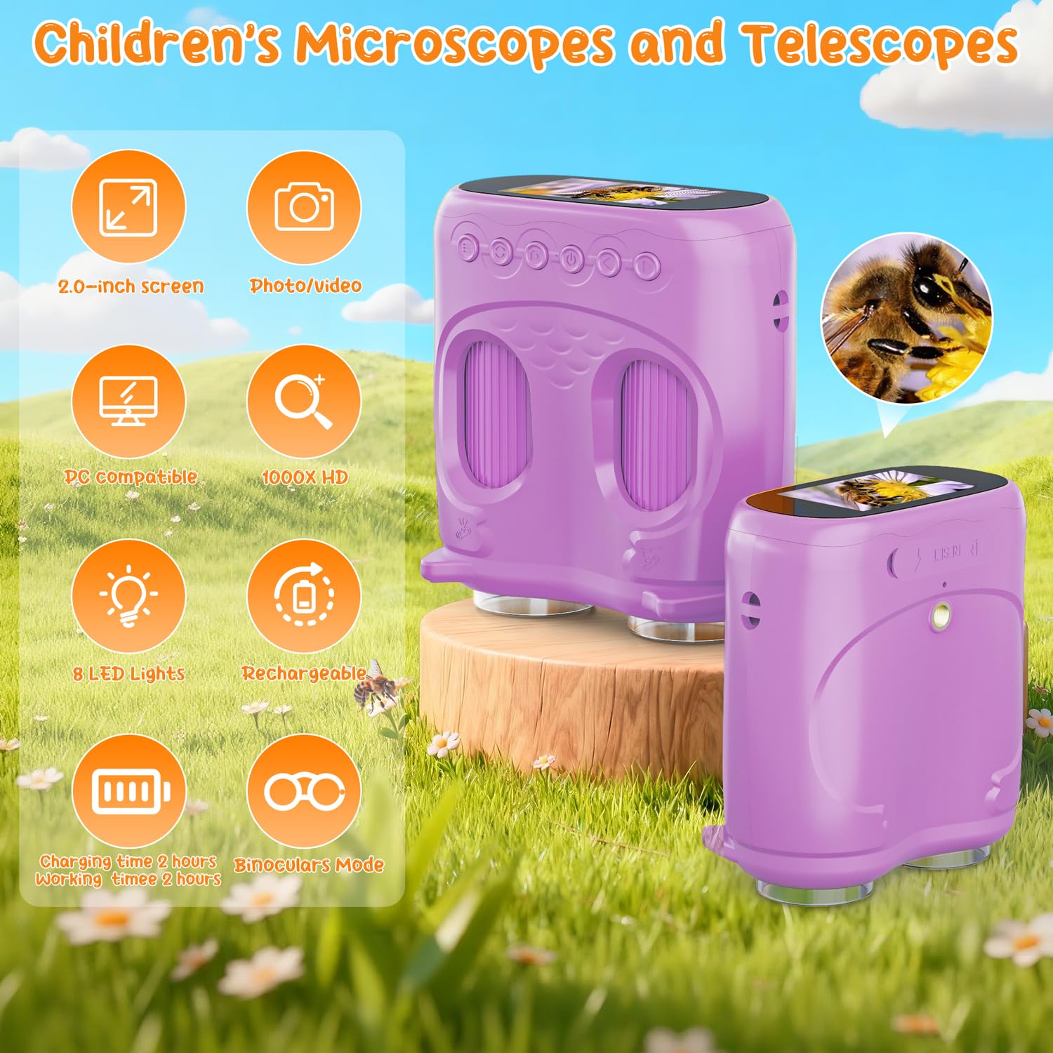 2-in-1 Kids Microscope Telescope, Temodu 2.0" 1000X Digital Microscope for Kids, HD Portable Education Telescope for Kids Birthday Festival Gift, Science Fun Toys for Children Age 4-12 (Yellow)
