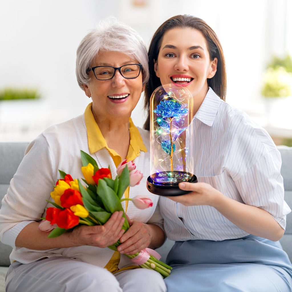 Pusuny Mothers Day Flowers Gifts for Mom Women Birthday Gift Galaxy Glass Rose Forever Eternal Crystal Flowers Rose in Glass Dome with Butterfly Mother's Day Roses Gifts for Mom Daughter Wife Purple