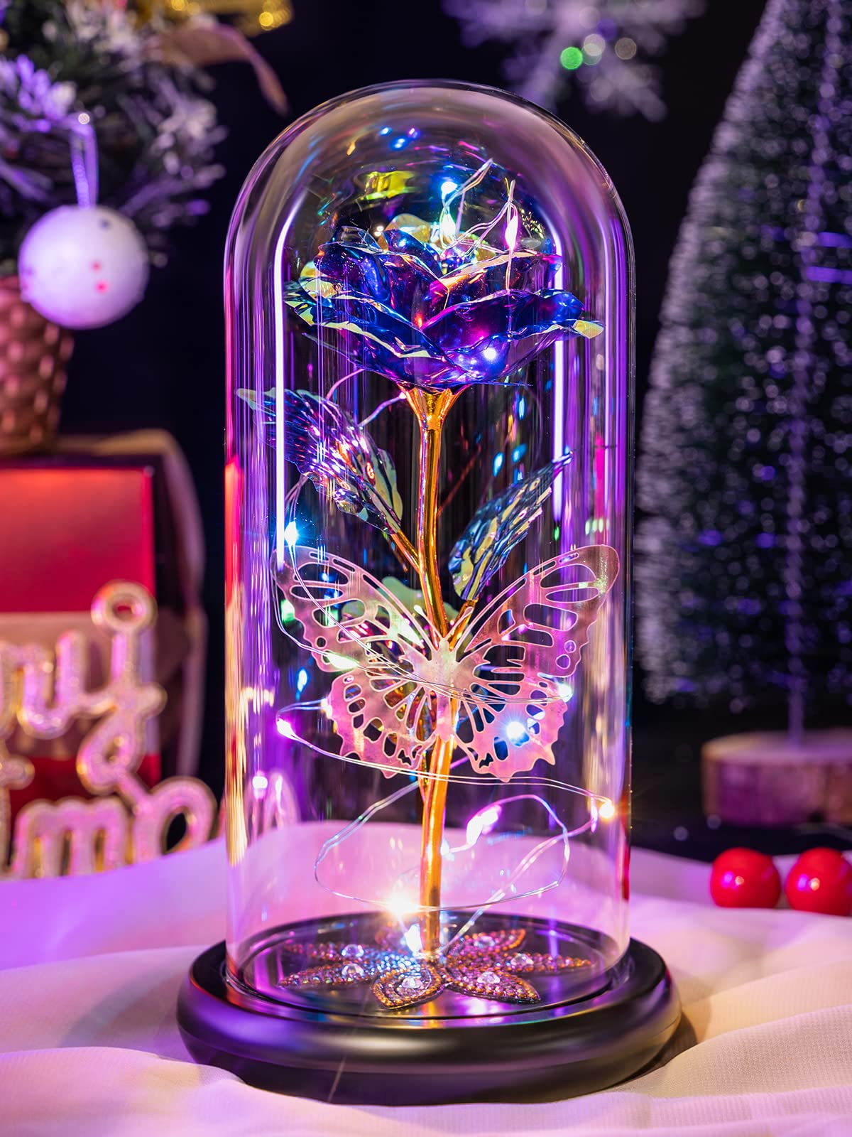 Pusuny Mothers Day Flowers Gifts for Mom Women Birthday Gift Galaxy Glass Rose Forever Eternal Crystal Flowers Rose in Glass Dome with Butterfly Mother's Day Roses Gifts for Mom Daughter Wife Purple