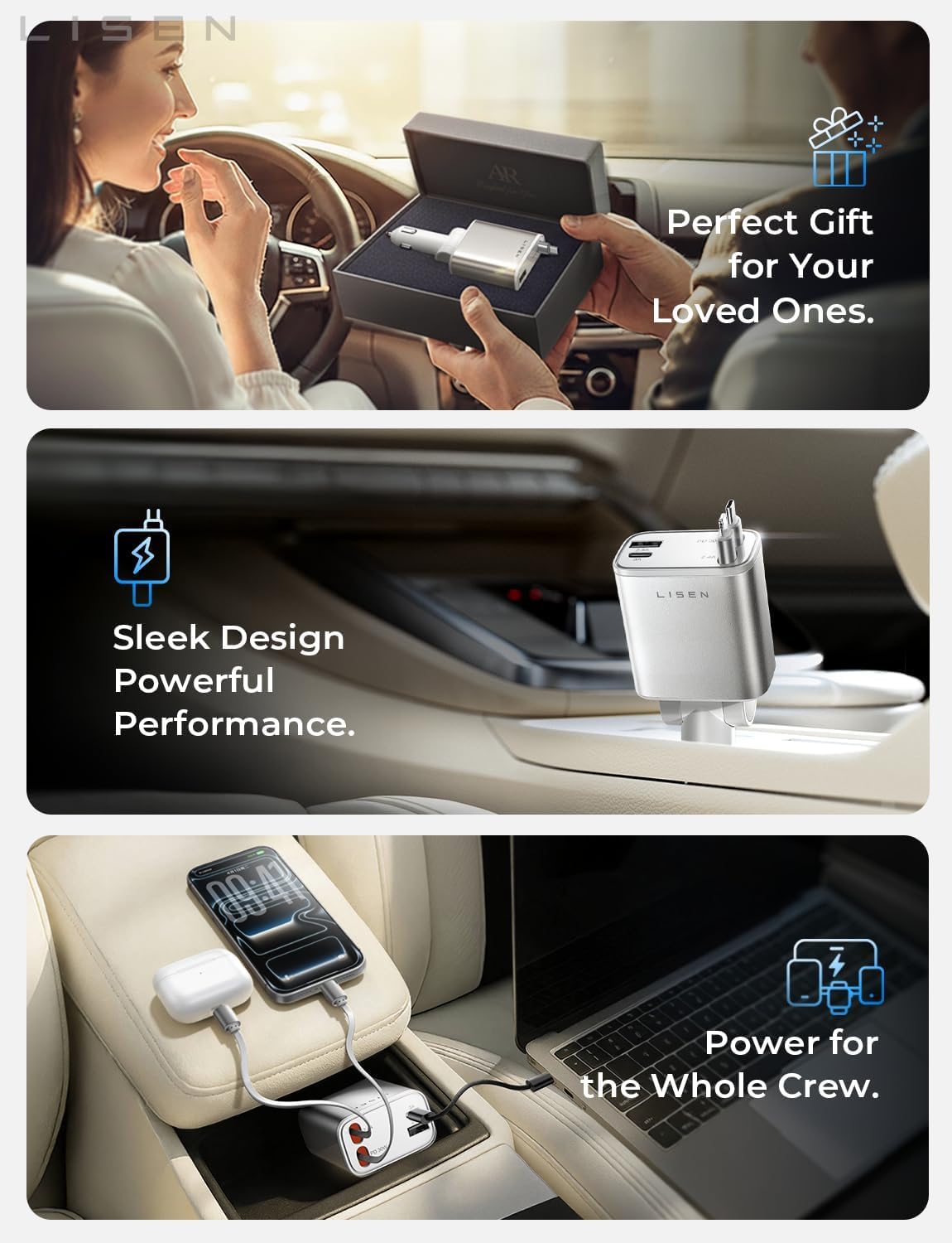 LISEN Retractable Car Charger, 84W Car Charger USB C Fast Charger Adapter for iPhone, Car Accessories for Men Women, Gifts for Fathers Day for Men Dad Husband, for iPhone 17 16 15 14 13 12 11 Samsung