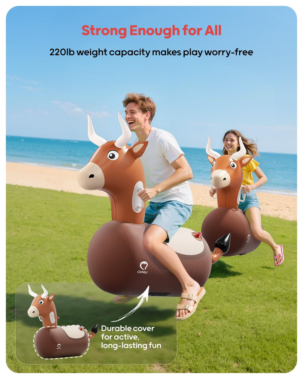 QPAU Inflatable Bouncy Dinosaur Toys 2 PCS with Hand Pump, Heavy Duty Giant Bouncy Pal, 220lbs Load Capacity, Ride On Bouncy Animal Hopper Toy, Indoor Outdoor Bouncers for Kids Girls Boys Ages 5+