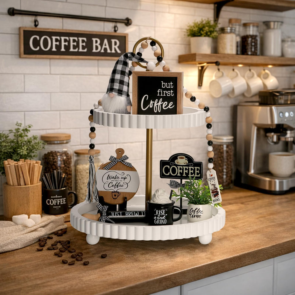 Christmas Decorations 8 PCS Tiered Tray Decor Set, Cute Tabletop Christmas Decor for Home Office Shelf Mantel Coffee Bar Xmas Table Centerpieces Tray Objects Holiday Decoration Set