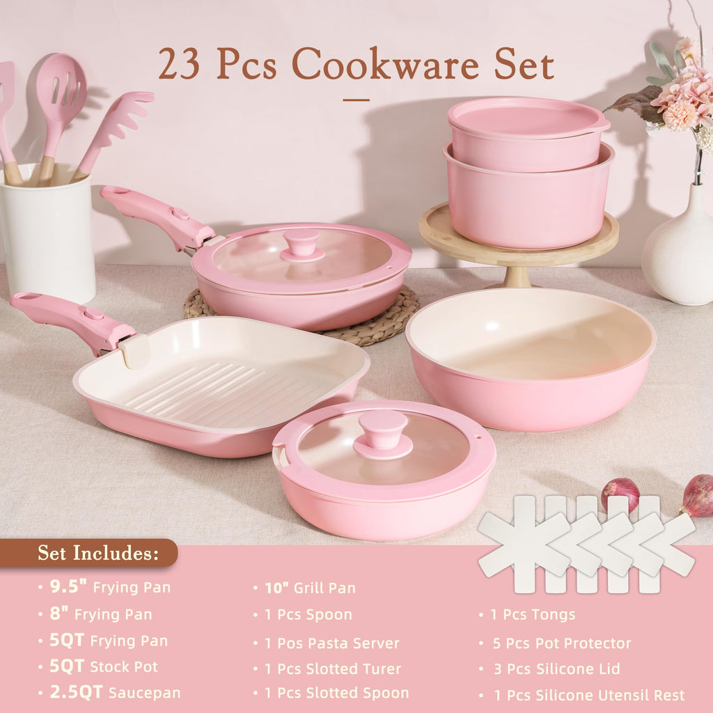 Astercook 21 Pcs Pots and Pans Set Non Stick, Ceramic Cookware Set Detachable Handle, RV Kitchen Cooking Set Removable Handles, Oven Safe, Induction Ready, Stackable, Black, Fathers Day Gift for Men