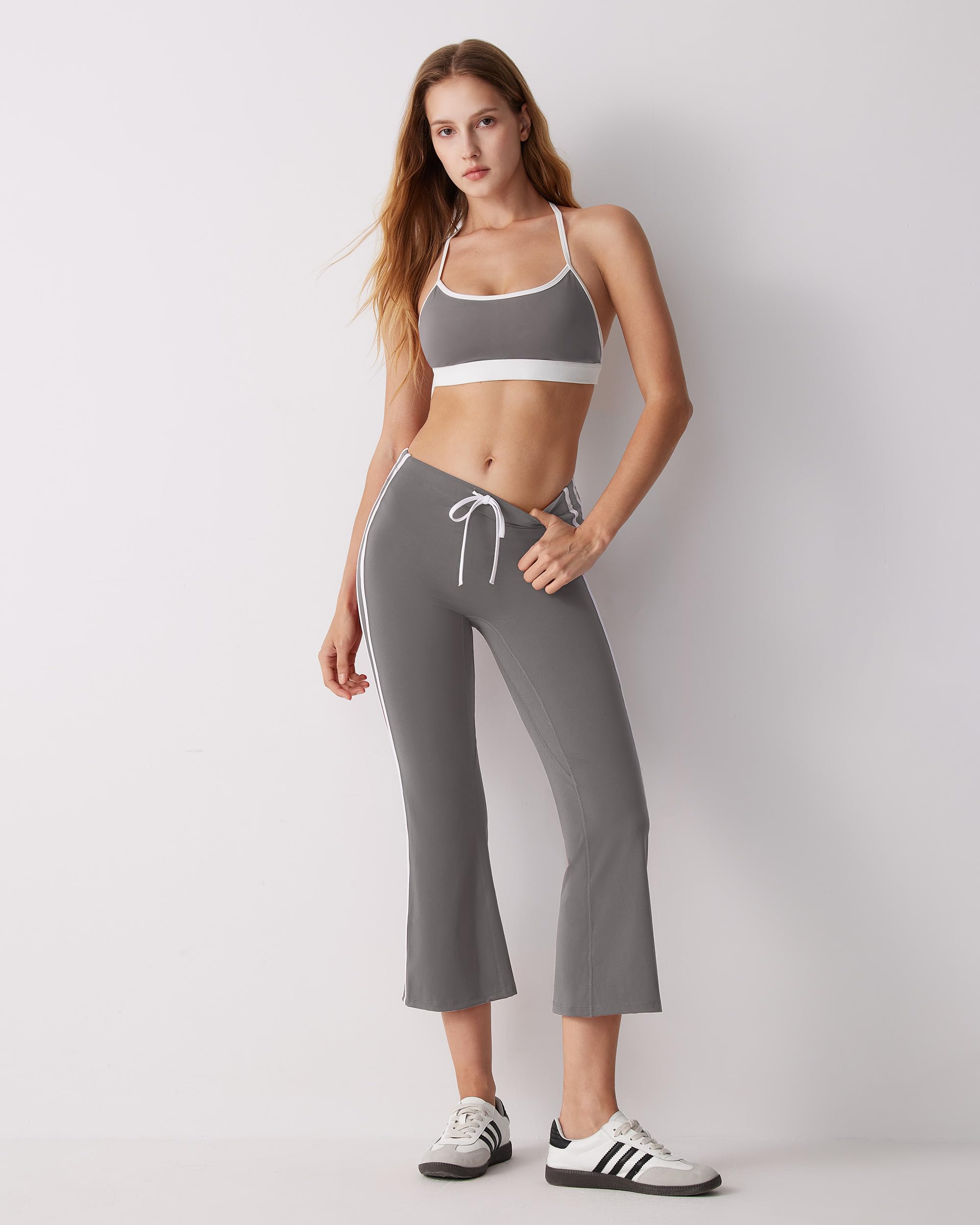 MOOSLOVER Women Flare Capri Yoga Pants High Waisted Side Stripe Drawstring Bootcut Flared Cropped Leggings