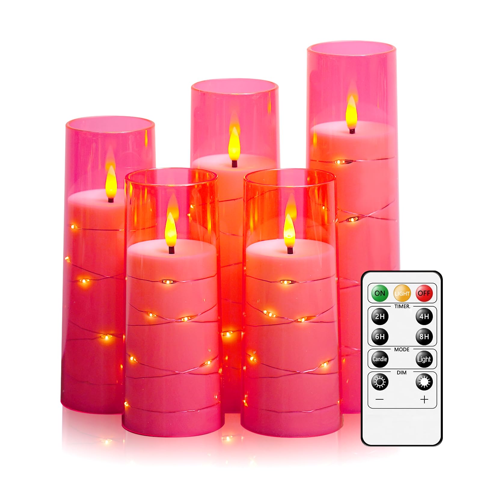 kakoya Flameless LED Candles with Timer 5 Pc Flickering Flameless Candles for Romantic Ambiance and Home Decoration Stable Acrylic Shell,with Embedded Star String，Battery Operated Candles（Red）