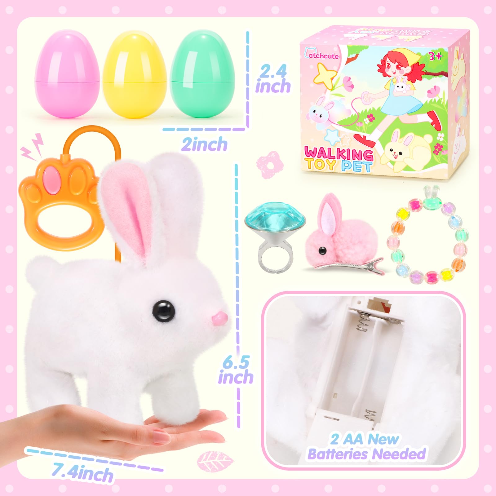 CatchCute Easter Plush Bunny Toys for Kids,Interactive Bunny with Sounds,Can Walk,Wag Tail and Twitch Nose with Remote Control Leash,Easter Eggs with Pull Back Cars,Easter Birthday Gift for Toddlers