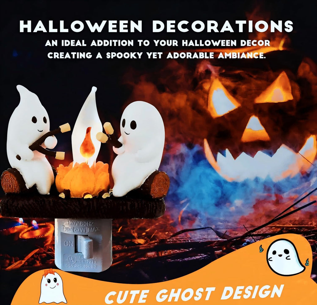 Ghost Campfire Nightlight,Halloween Campfire Flickering Night Light,3D Spooky Fire Marshmallow Night Light for Halloween Decor (Cute Ghost)