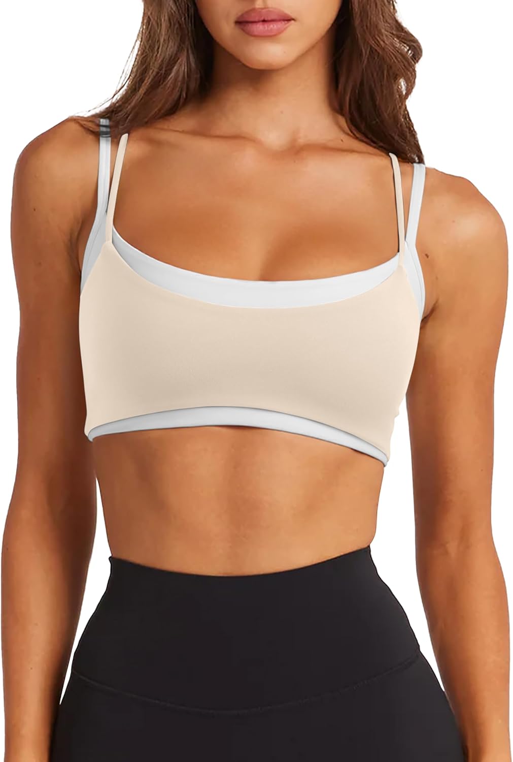 LASLULU Womens Double Layered Sports Bra Adjustable Spaghetti Straps Sexy Scoop Neck Wireless Padded Workout Yoga Crop Tops