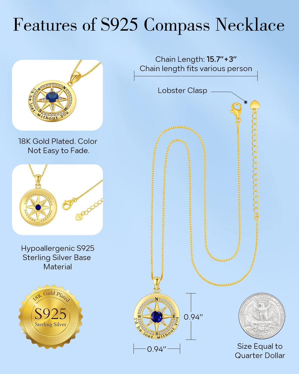 S925 Necklace Gift for Wife |Compass Jewelry |Women Anniversary |Sterling Silver |Girlfriend Birthday Gifts for Her Valentines |I'd be Lost without You |Jewel 18K Gold