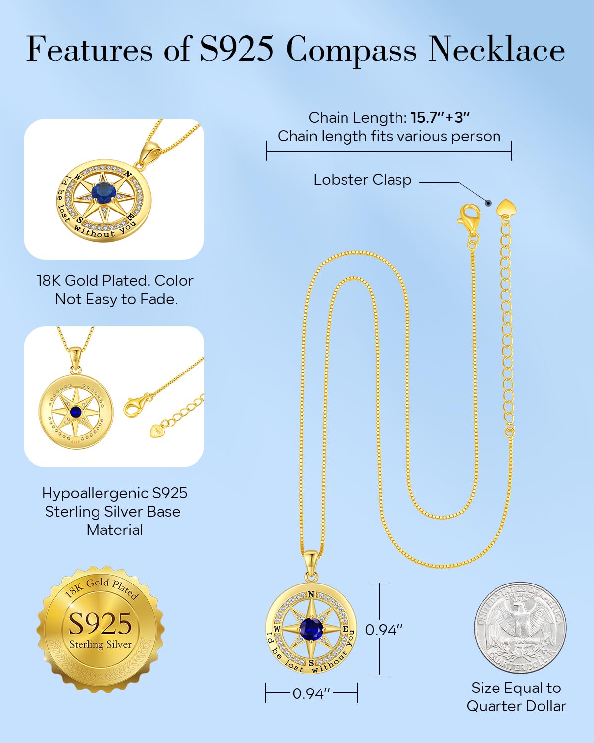 S925 Necklace Gift for Wife |Compass Jewelry |Women Anniversary |Sterling Silver |Girlfriend Birthday Gifts for Her Valentines |I'd be Lost without You |Jewel 18K Gold