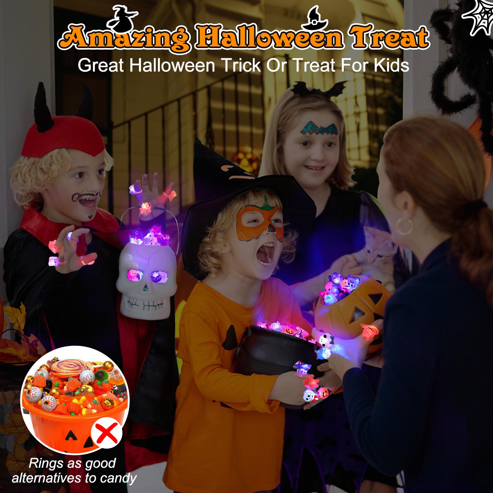 50pcs 3D Halloween Treats Toys Bulk Light Up Rings Gifts Halloween Party Favors for Kids Flashing LED Glow In The Dark Party Supplies Goodie Bag Fillers Stuffers Non Candy Treats Prizes Decorations