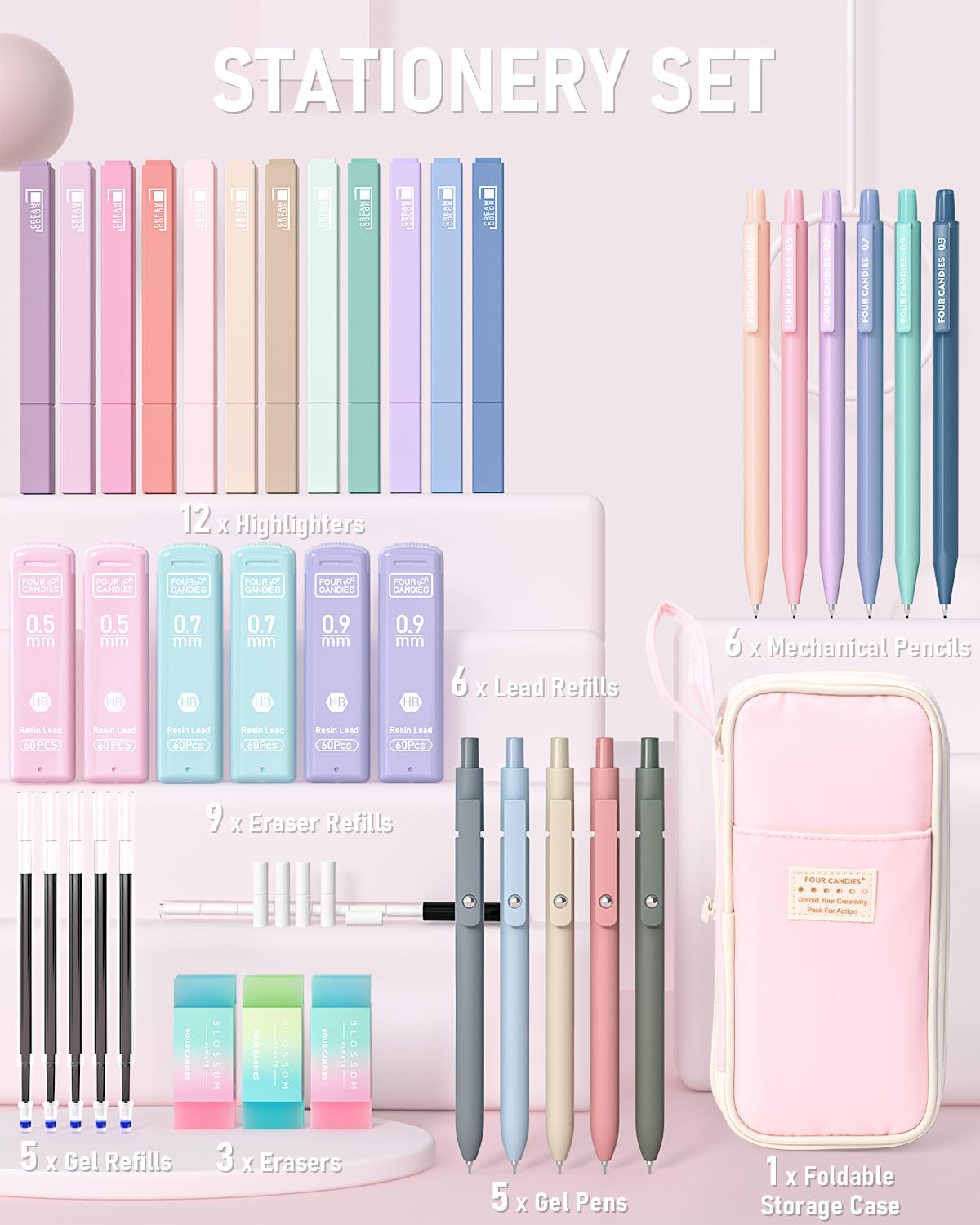 Four Candies 39 PCS Aesthetic Stationery Set with Cute Pen Case, College Supplies and Nursing Student Essentials, 12 Pastel Highlighters, 5 Black Gel Pens, 6 Mechanical Pencils, Blue