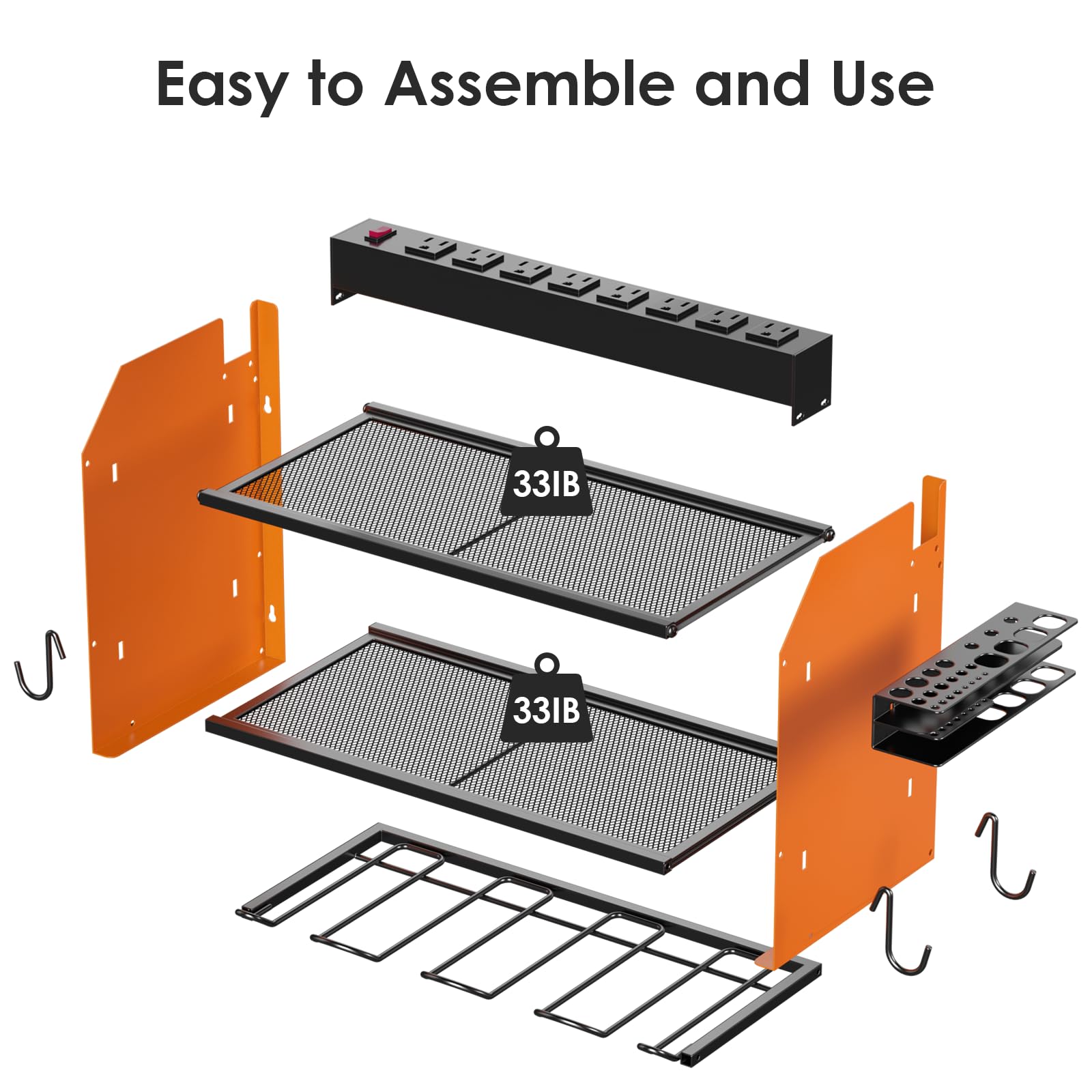 CCCEI Modular Power Tool Organizer Wall Mount with Charging Station. Garage Drill Storage Shelf with Hooks, Heavy Duty Rack, Tool Battery Holder Built in 8 Outlet. Gift for Men. Red, 1 Pack.