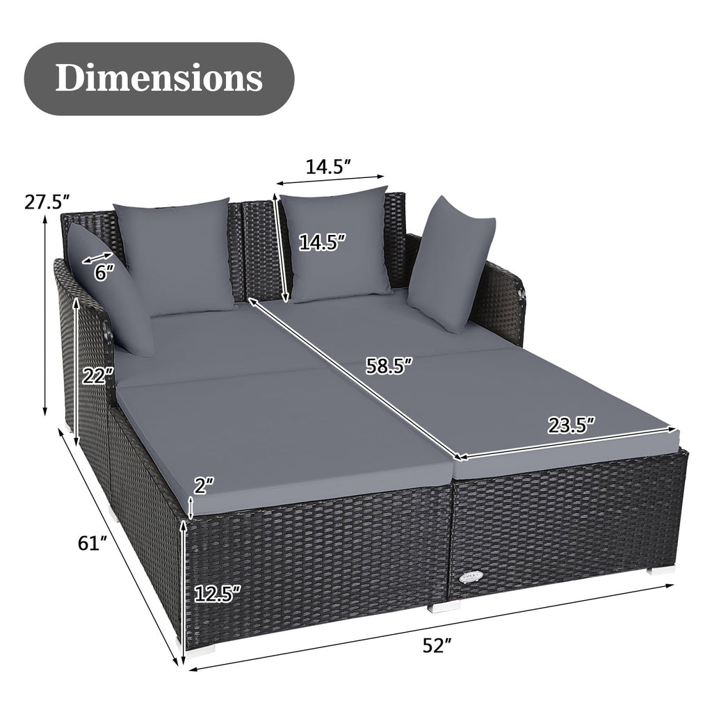 Tangkula Patio Rattan Daybed with Retractable Canopy, Outdoor Wicker Sunbed Lounger with 2 Foldable Side Tables, Thick Seat & Back Cushions, Outside Double Daybed for Garden, Backyard, Porch