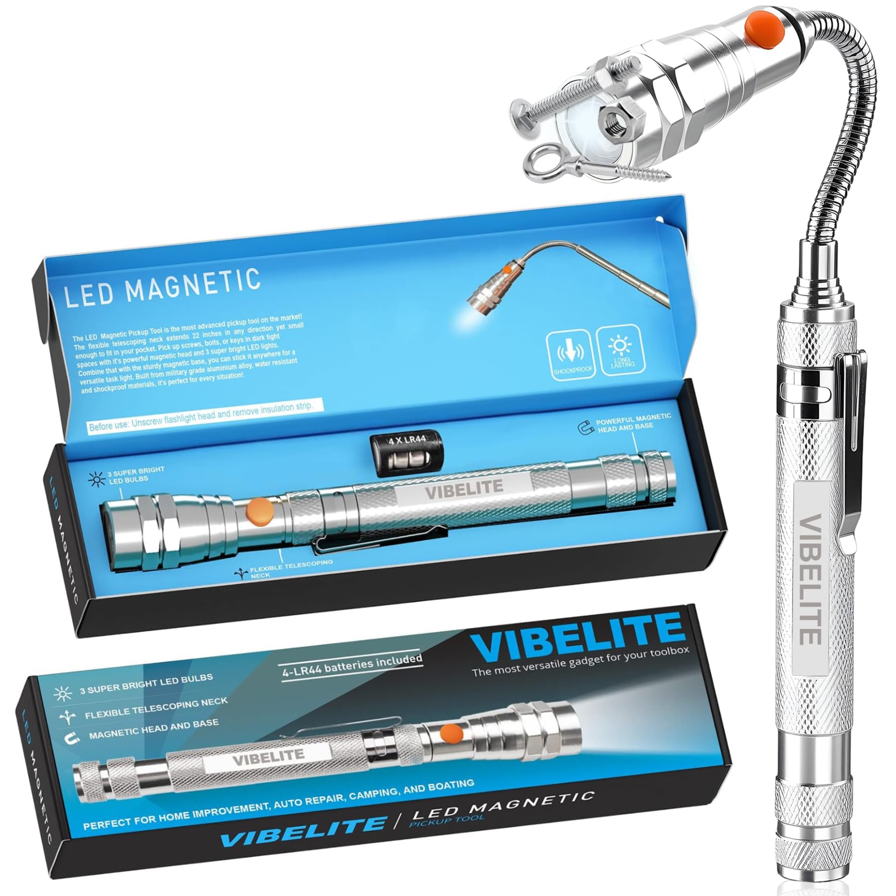 VIBELITE Extendable Magnetic Flashlight with Telescoping Magnet Pickup Tool-Fathers Day Dad Gifts for Husband, Dad, Men, Women, Him, Mechanic, Birthday Gifts for Men, Cool Gadget, Black