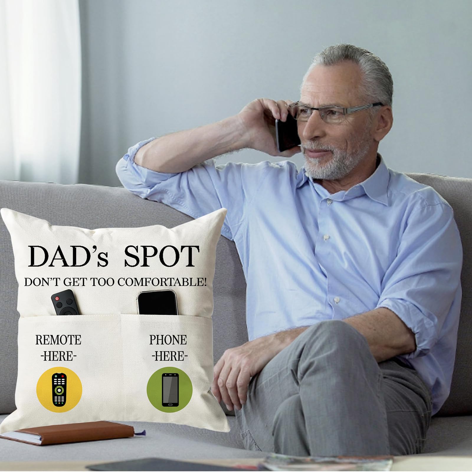 ONFAON Grandpa Gifts,Grandpa's Spot Throw Pillow Covers 18x18 Inch,Put Phone Glasses and Remote Control Pillowcase,Birthday Christmas Thanksgiving Day Gifts for Grandpa Stepdad,3-Pocket