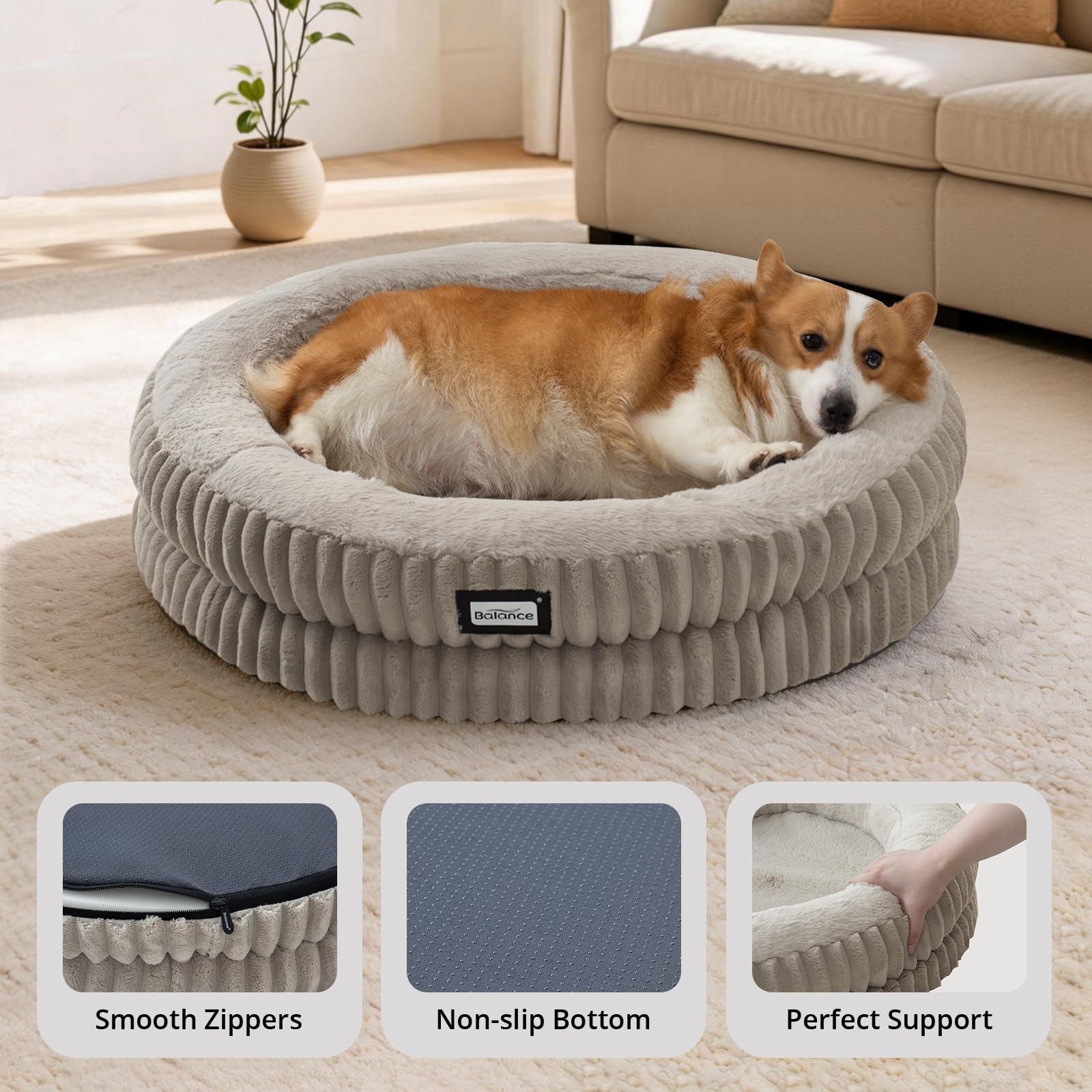 BALANCE Cat Bed Kitten Bed, Washable Round Cat Beds for Indoor Cats, Super Soft Plush Faux Fur Pet Bed for Puppy and Kitten with Anti-Slip Bottom