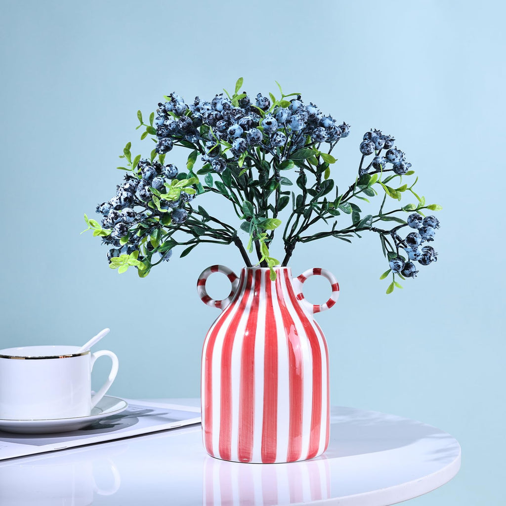 LCCCK Red and White Ceramic Vase, Mid Century Modern Striped Small Vases for Flower&Pampas Grass Centerpiece, Red White Checkered Vase for Dining Table Kitchen Tabletop Minimalist Decorative